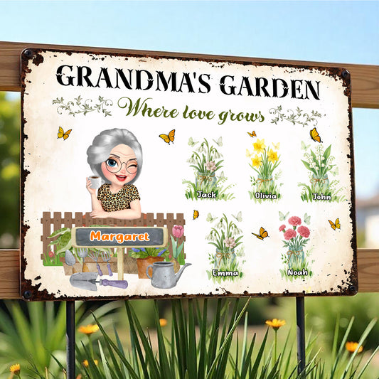 Grandma's Garden Where Love Grows, Flowers and Butterflies - Personalized Metal Sign - GRM007_MSIGN