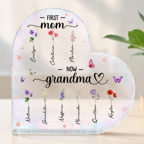 First Mom To Nom Grandma With Flowers And Butterflies Design - Personalized Heart Shaped Acrylic Plaque - GRM019_HAP