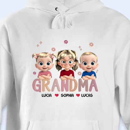 Grandma Lucia, Sophia, Lucas, Cartoon Children and Hearts