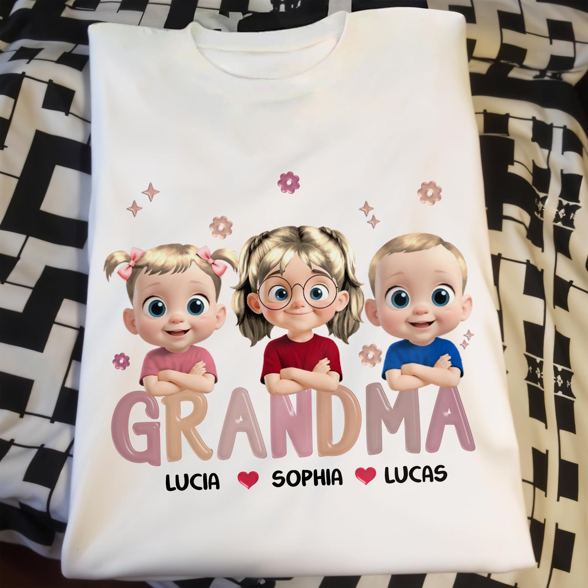 Grandma Lucia, Sophia, Lucas, Cartoon Children and Hearts