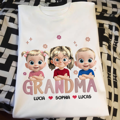 Grandma Lucia, Sophia, Lucas, Cartoon Children and Hearts