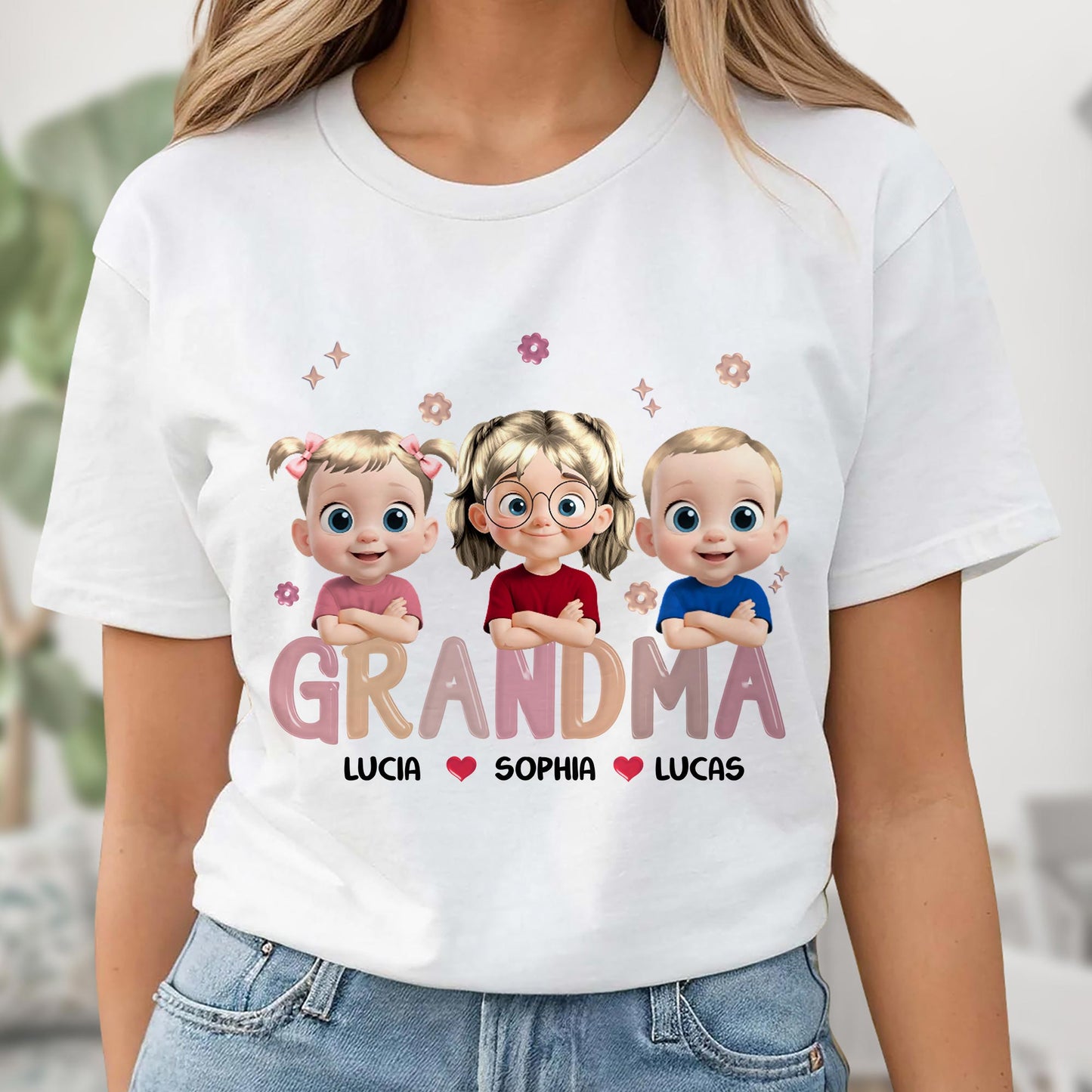 Grandma Lucia, Sophia, Lucas, Cartoon Children and Hearts