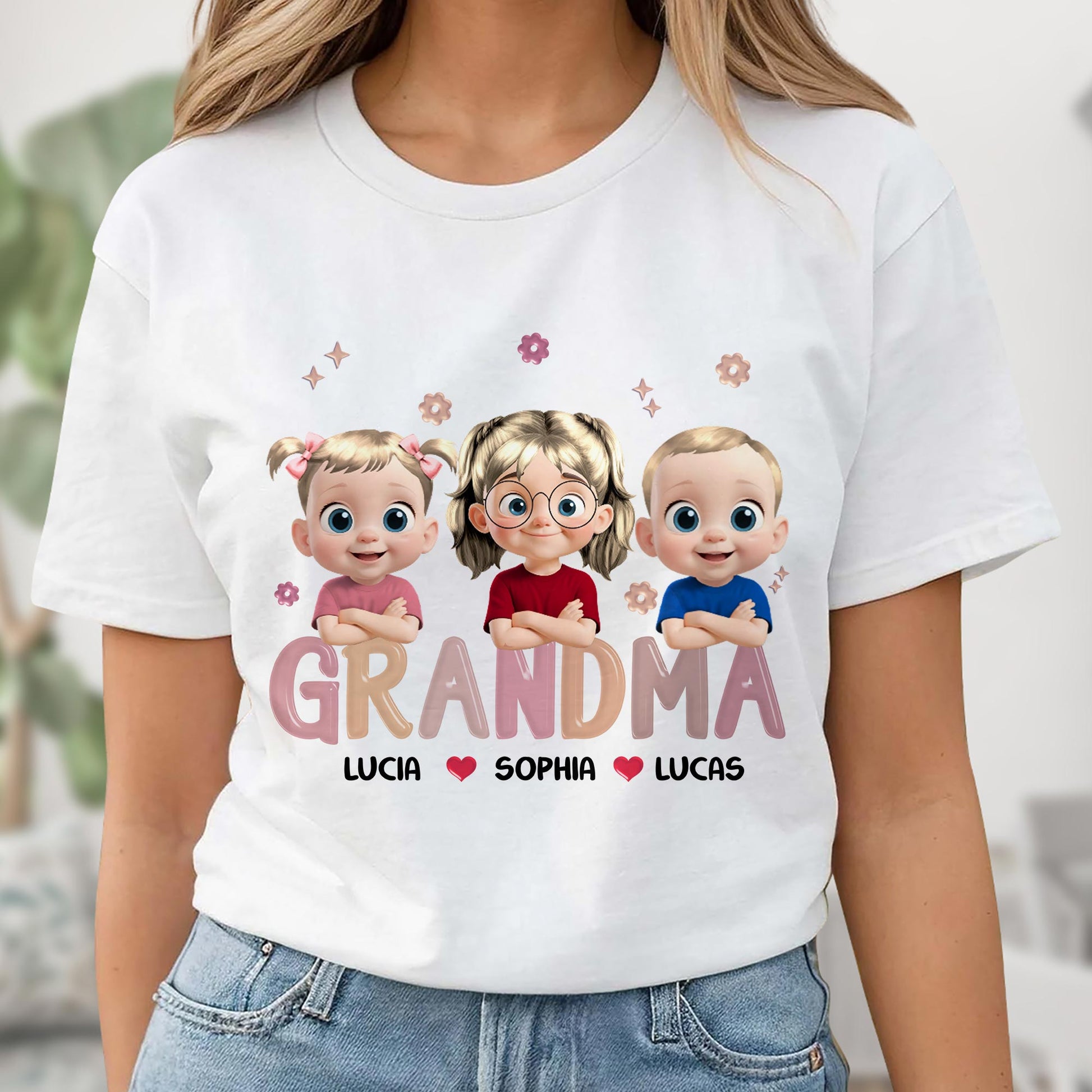 Grandma Lucia, Sophia, Lucas, Cartoon Children and Hearts