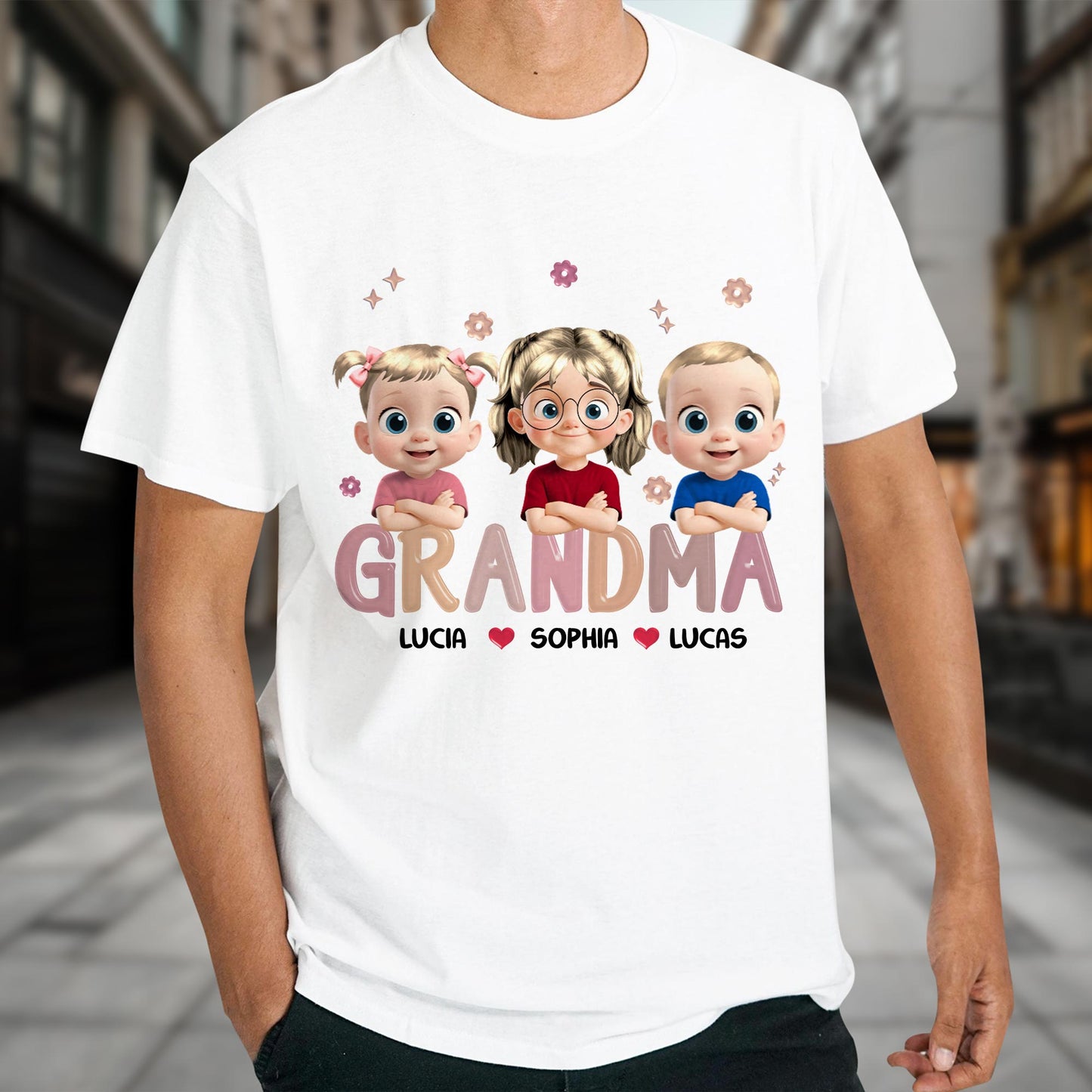 Grandma Lucia, Sophia, Lucas, Cartoon Children and Hearts