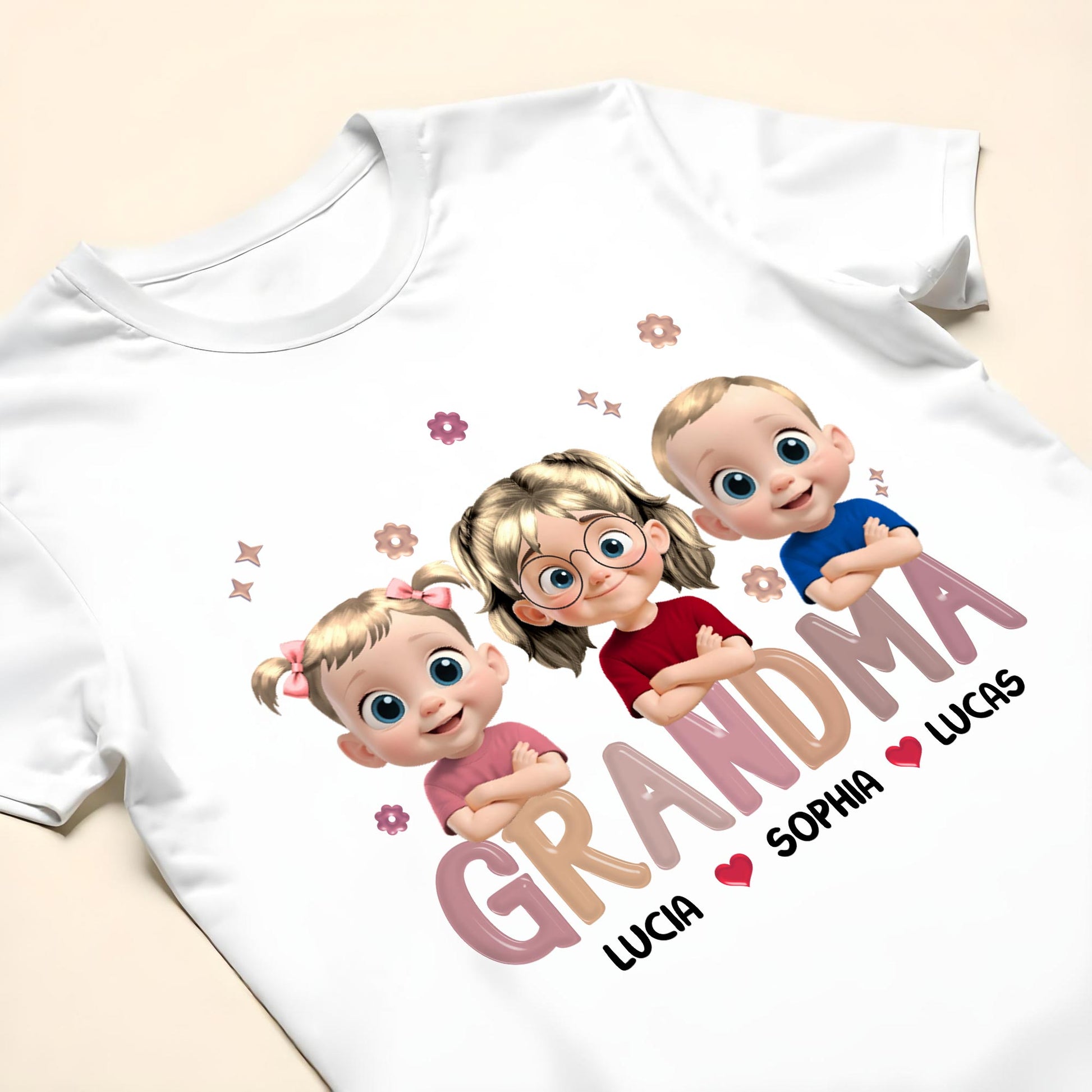 Grandma Lucia, Sophia, Lucas, Cartoon Children and Hearts