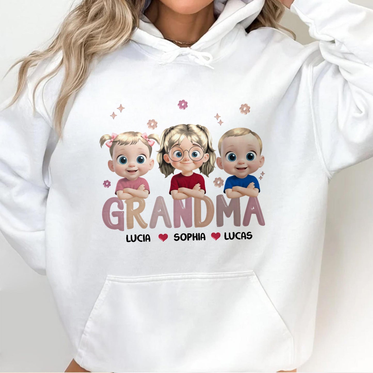 Grandma Lucia, Sophia, Lucas, Cartoon Children and Hearts