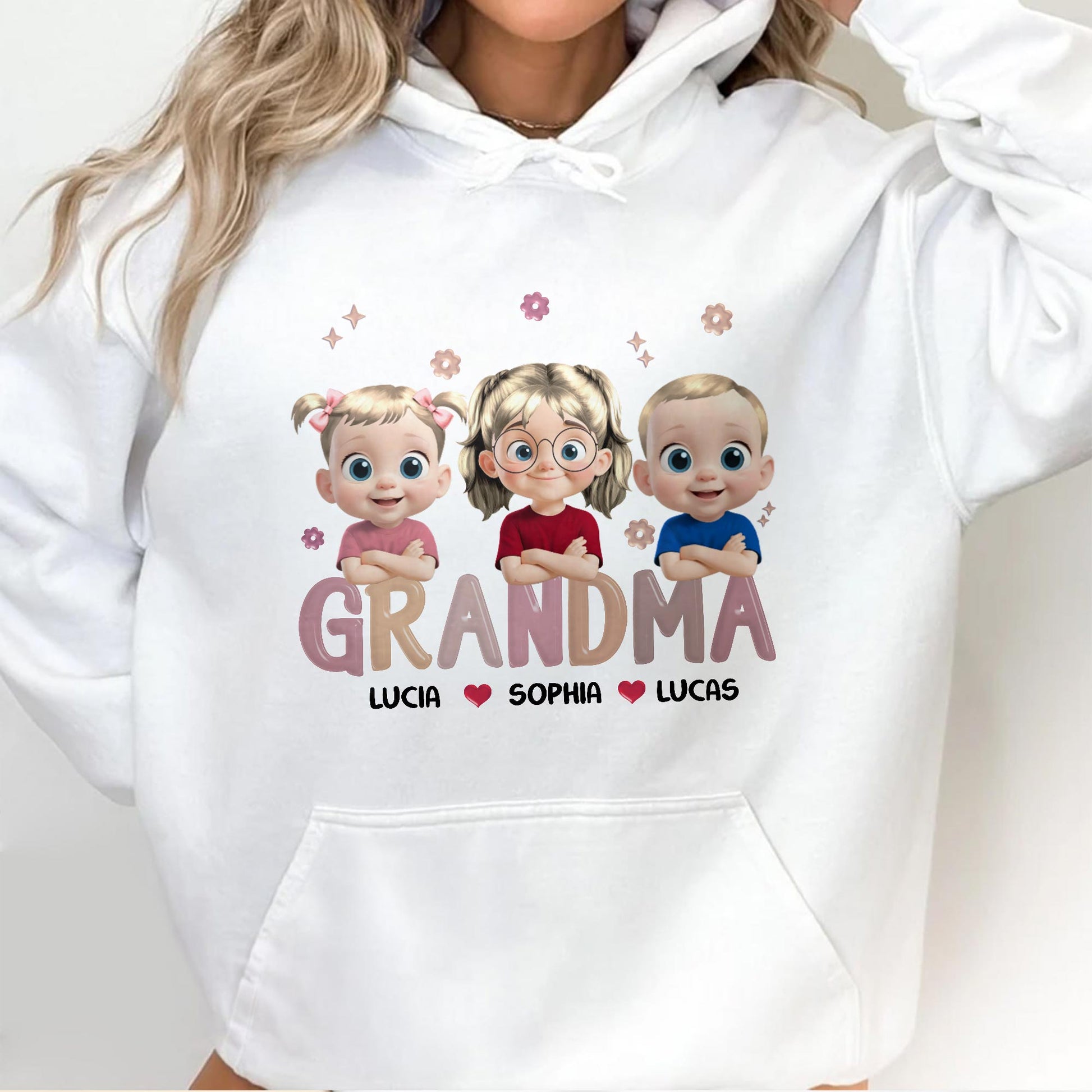 Grandma Lucia, Sophia, Lucas, Cartoon Children and Hearts