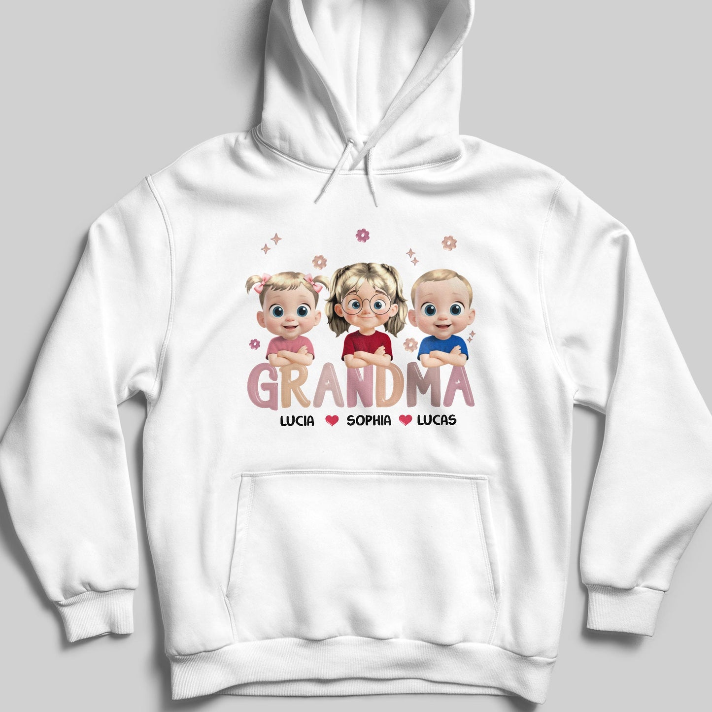 Grandma Lucia, Sophia, Lucas, Cartoon Children and Hearts