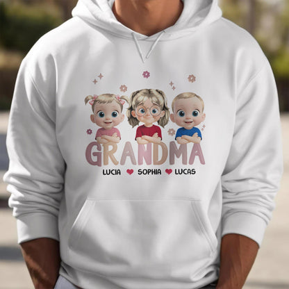 Grandma Lucia, Sophia, Lucas, Cartoon Children and Hearts