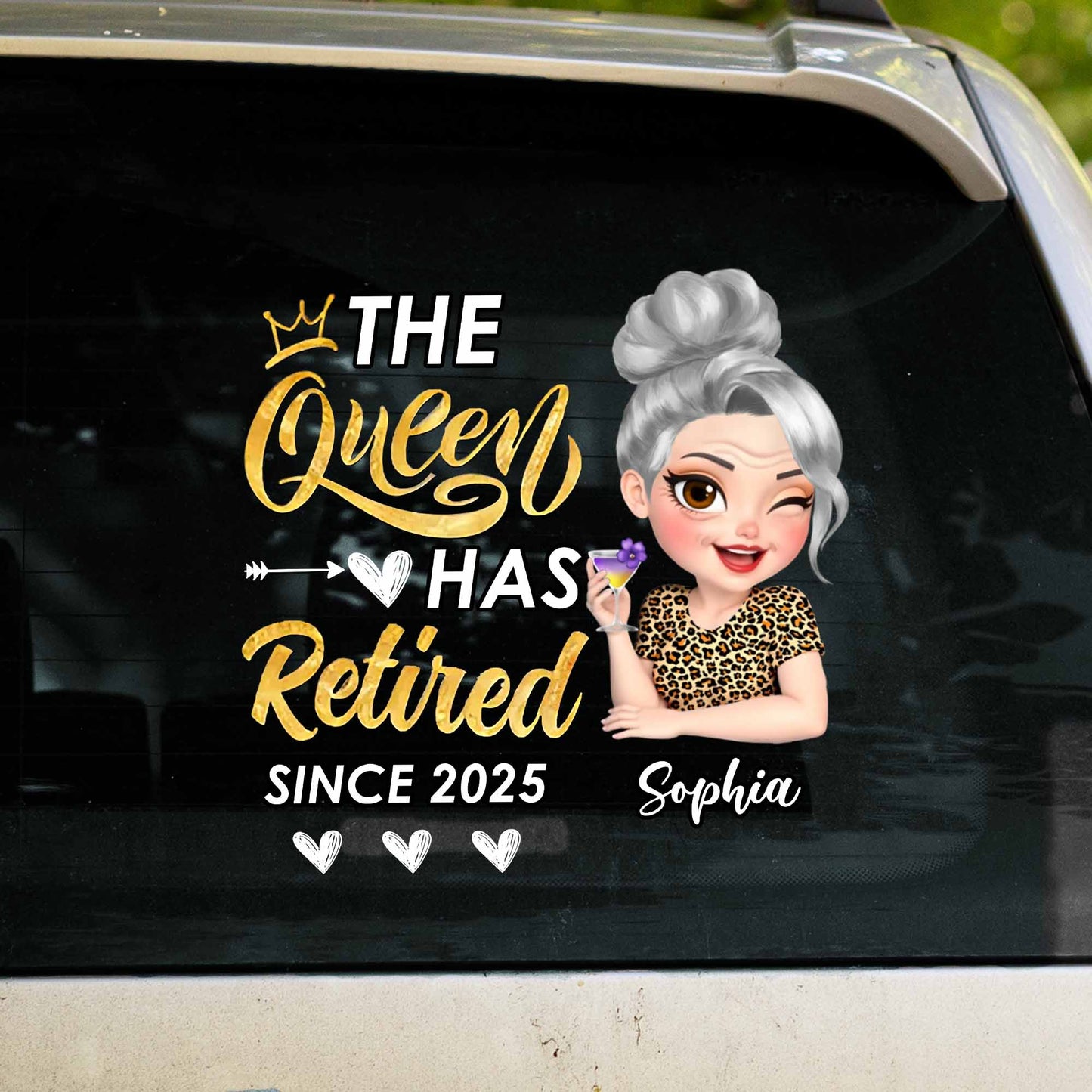 La Reina se ha jubilado, corona, flor, estampado de leopardo - Calcomanía decorativa personalizada - GRM050_STIK
