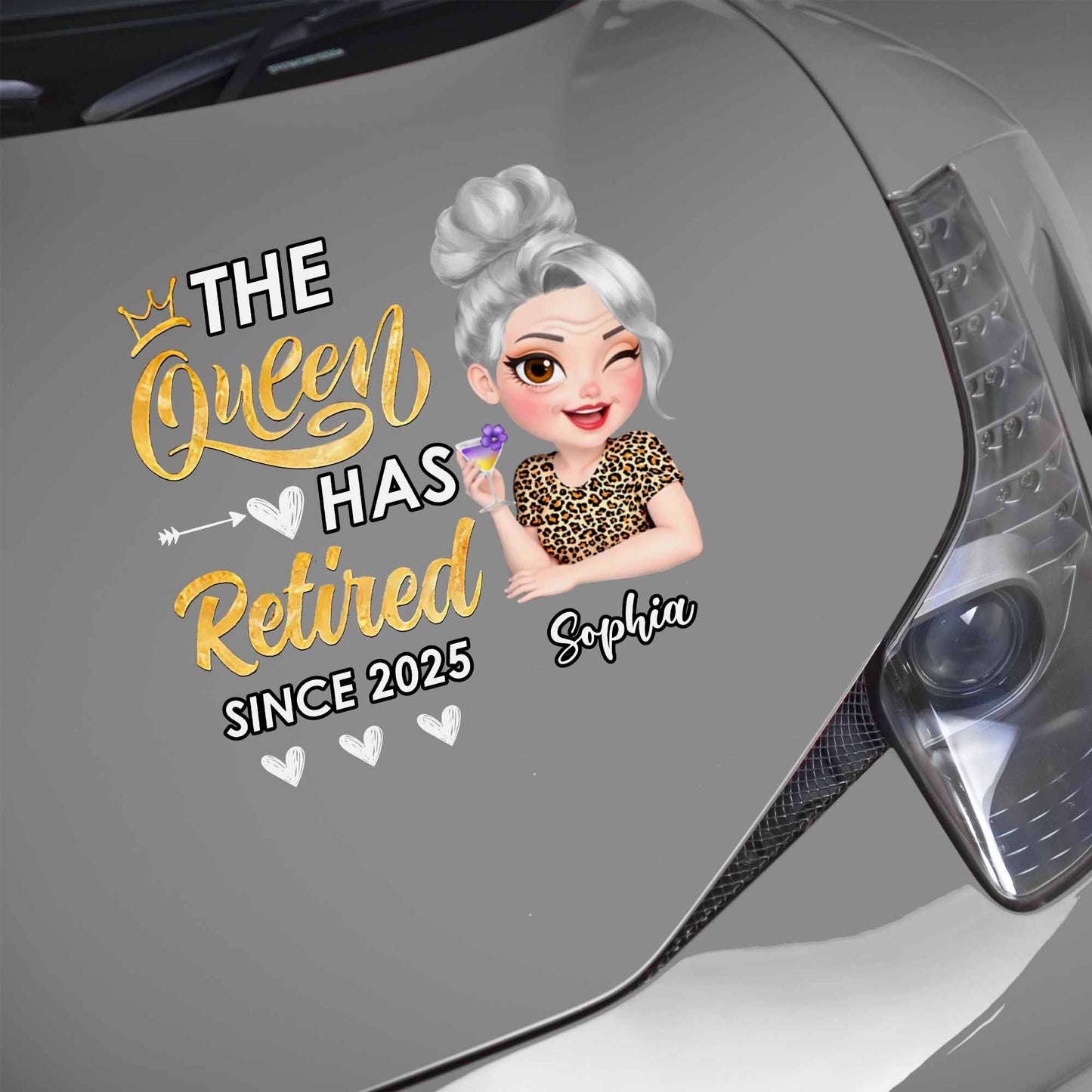 La Reina se ha jubilado, corona, flor, estampado de leopardo - Calcomanía decorativa personalizada - GRM050_STIK