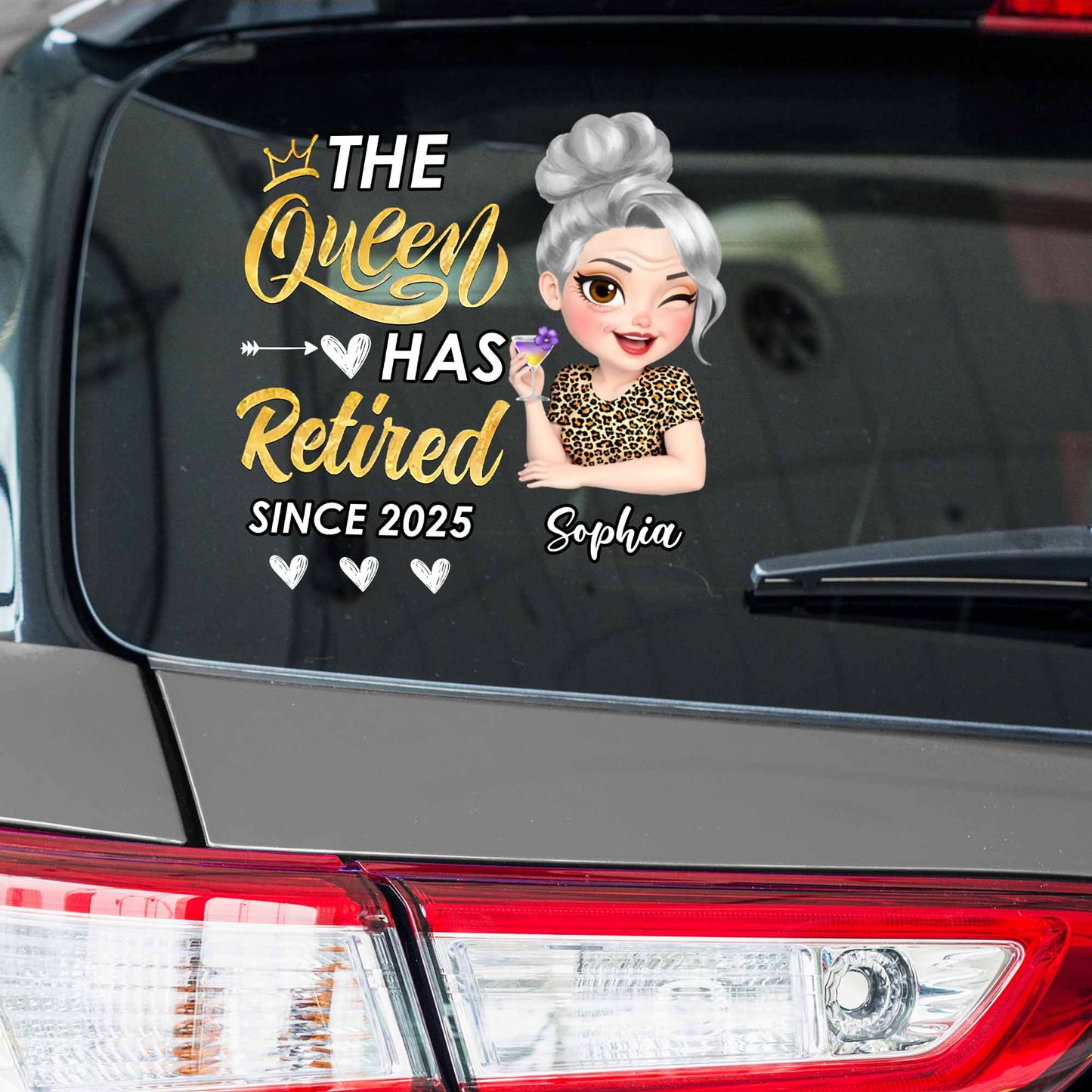 La Reina se ha jubilado, corona, flor, estampado de leopardo - Calcomanía decorativa personalizada - GRM050_STIK