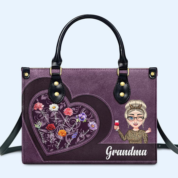 To Grandma With Love Forever Heart And Flowers Design - Personalized Custom Leather Handbag - GRM058_HB
