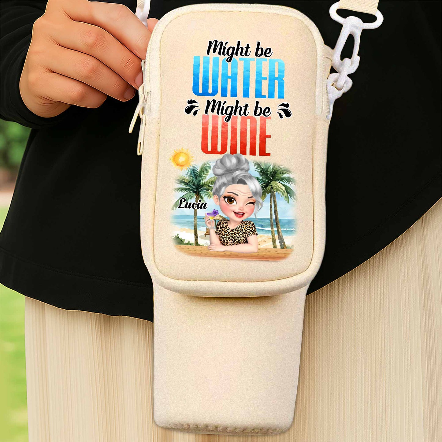 Might Be Water Might Be Wine Beach and Palm Trees Design - Personalized Custom Water Bottle Carrier Bag - GRM073_BCB