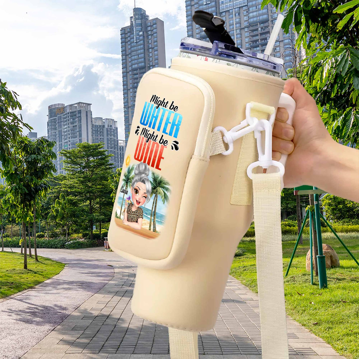 Might Be Water Might Be Wine Beach and Palm Trees Design - Personalized Custom Water Bottle Carrier Bag - GRM073_BCB