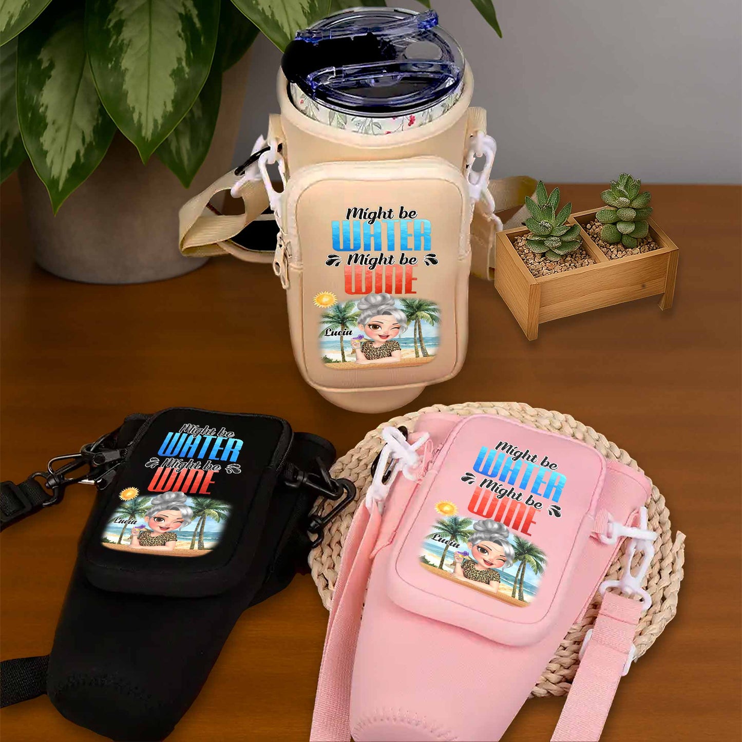 Might Be Water Might Be Wine Beach and Palm Trees Design - Personalized Custom Water Bottle Carrier Bag - GRM073_BCB