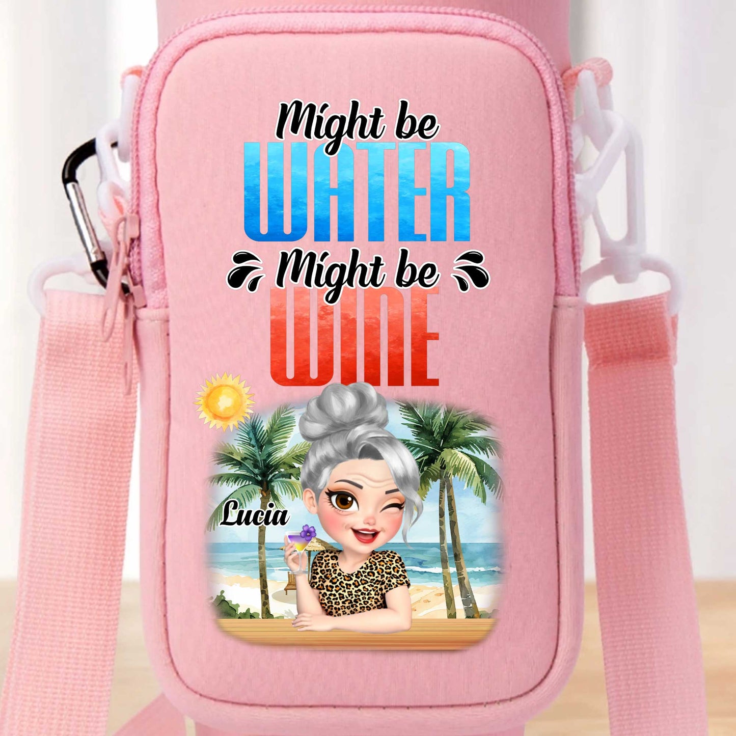 Might Be Water Might Be Wine Beach and Palm Trees Design - Personalized Custom Water Bottle Carrier Bag - GRM073_BCB