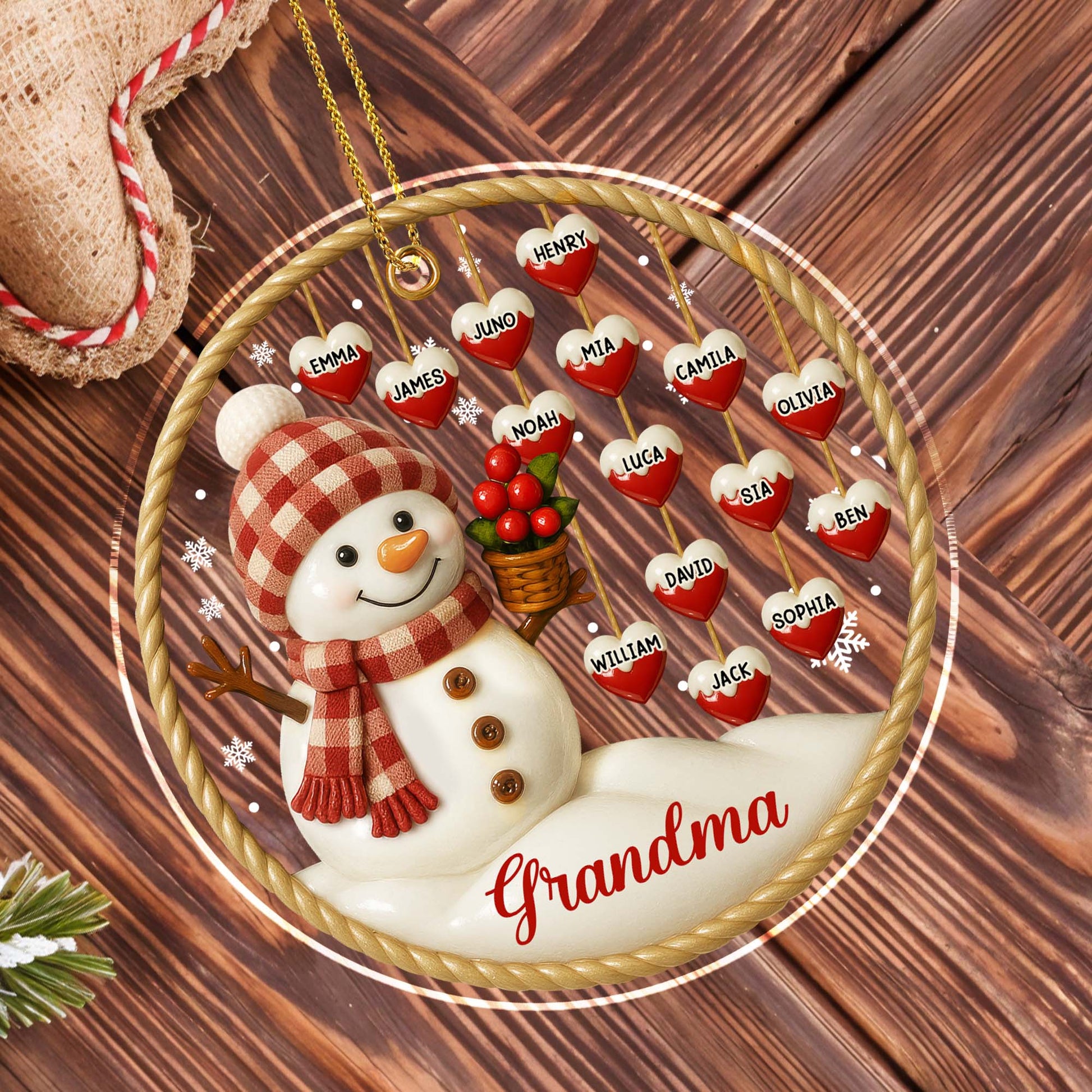 Customizable Acrylic Ornament With Snowman and Hearts