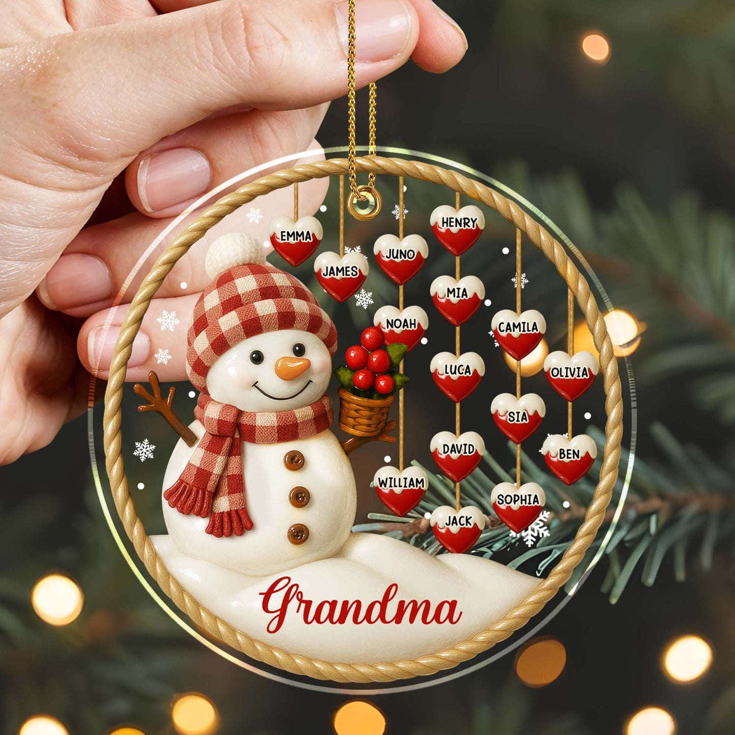 Customizable Acrylic Ornament With Snowman and Hearts