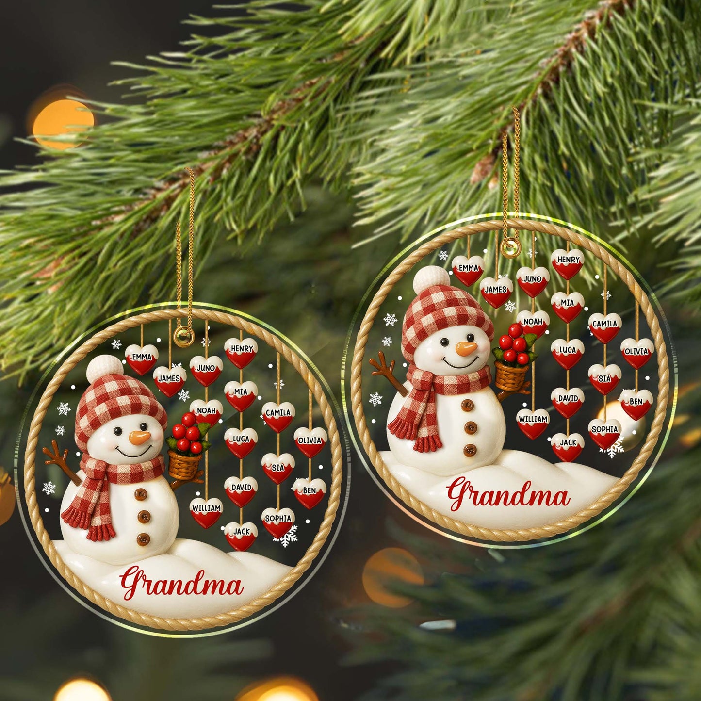 Customizable Acrylic Ornament With Snowman and Hearts