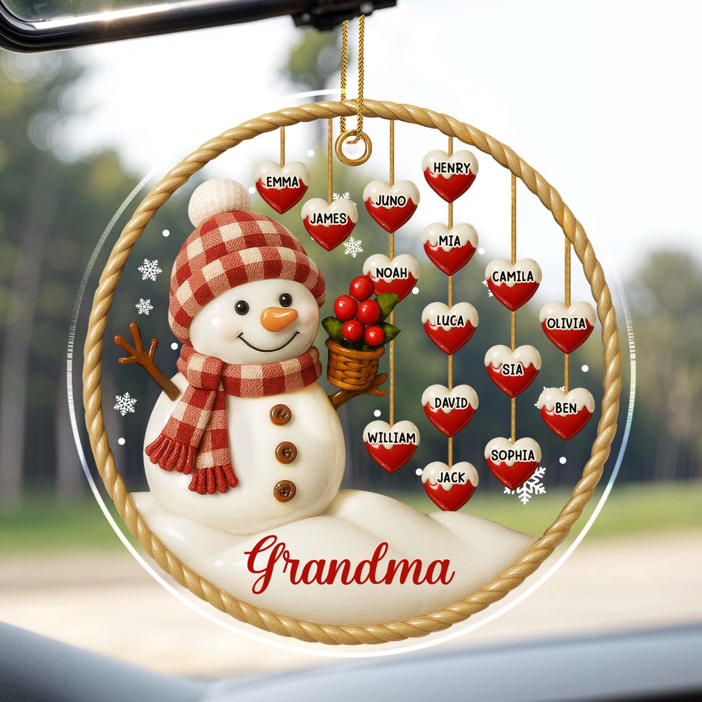 Customizable Acrylic Ornament With Snowman and Hearts