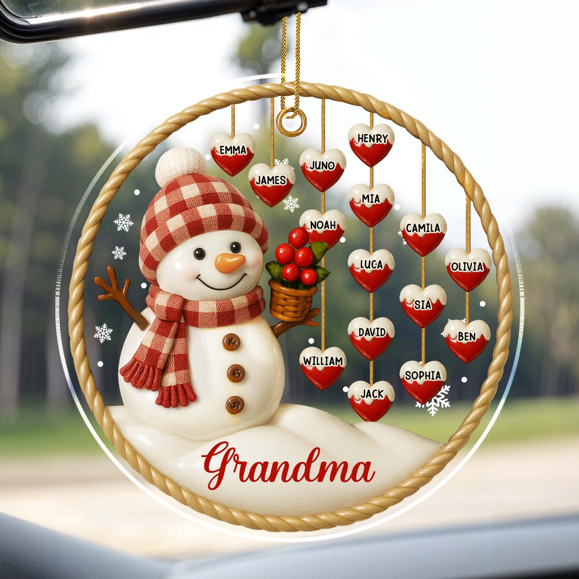 Customizable Acrylic Ornament With Snowman and Hearts