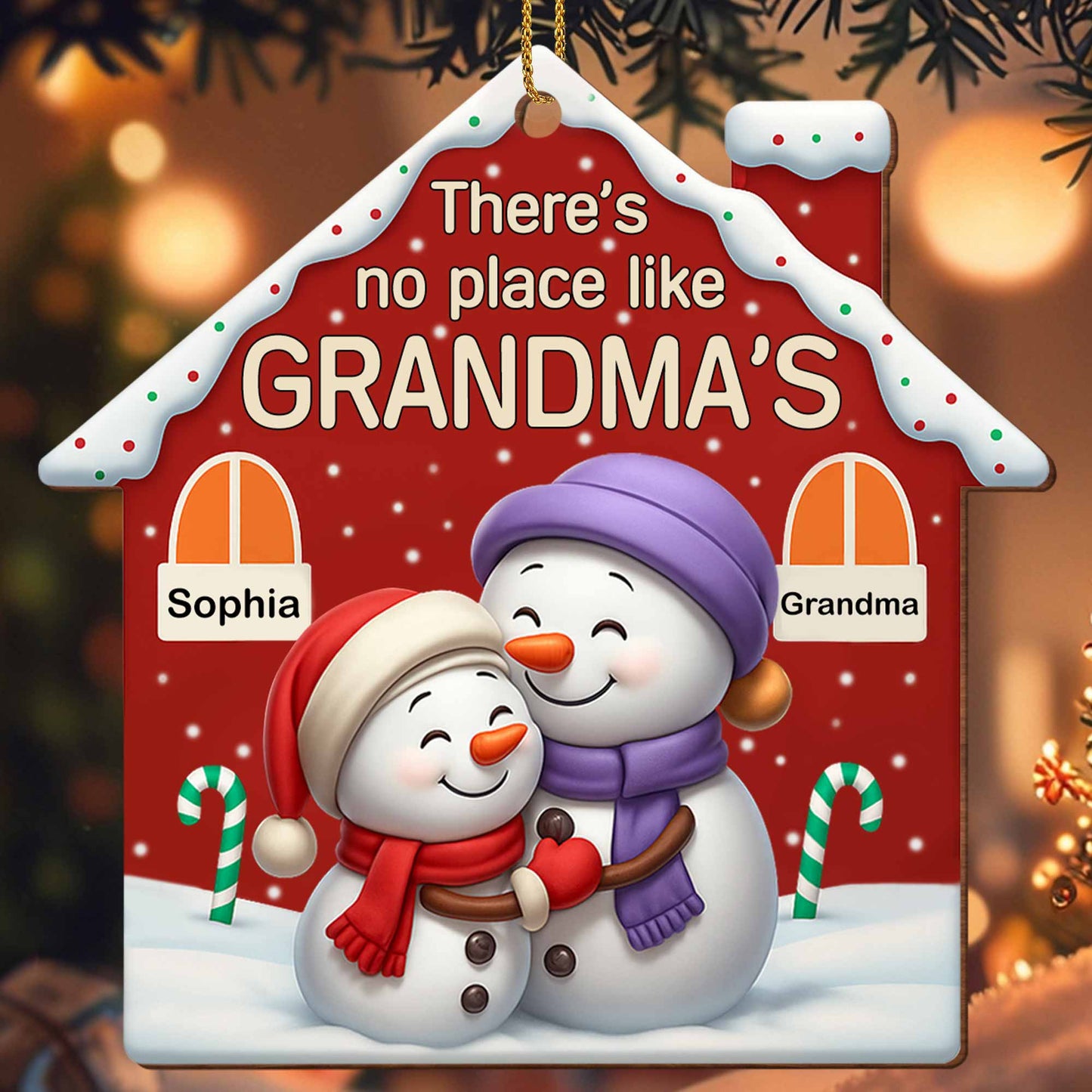 There's No Place Like Grandma's Snowman and Candy Canes - Personalized Custom Wood Ornament, Custom Shaped - GRM080_WDO