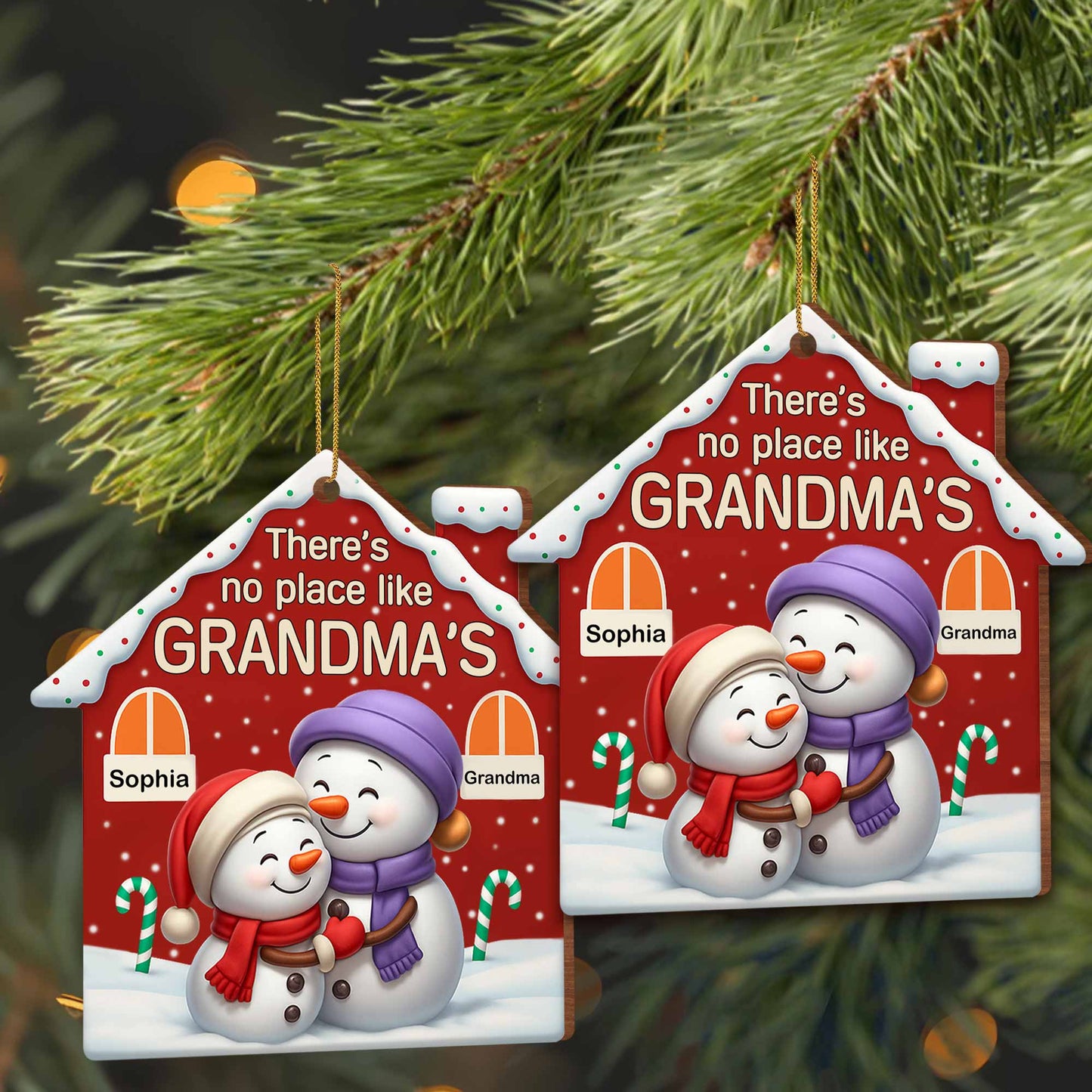 There's No Place Like Grandma's Snowman and Candy Canes - Personalized Custom Wood Ornament, Custom Shaped - GRM080_WDO