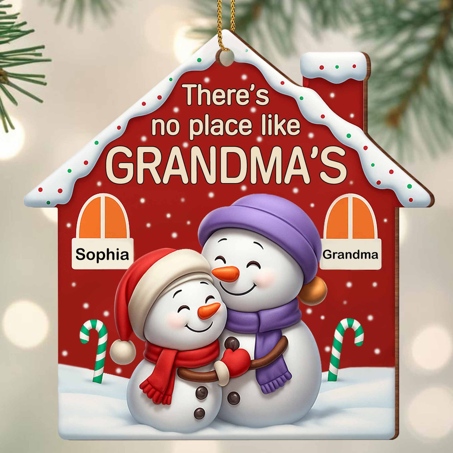 There's No Place Like Grandma's Snowman and Candy Canes - Personalized Custom Wood Ornament, Custom Shaped - GRM080_WDO