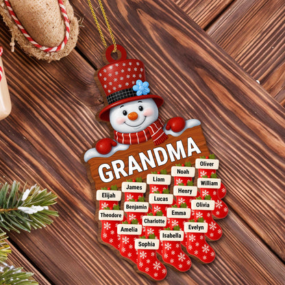 Charming Snowman With Customizable Names - Personalized Custom Wood Ornament, Custom Shaped - GRM091_WDO
