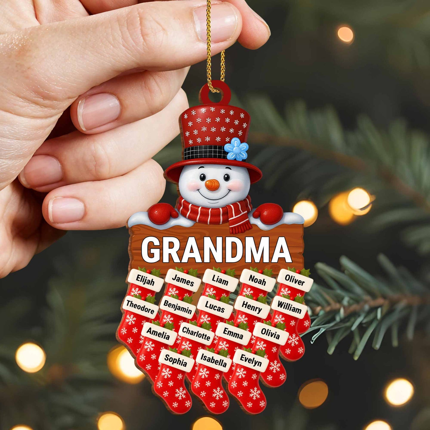 Charming Snowman With Customizable Names - Personalized Custom Wood Ornament, Custom Shaped - GRM091_WDO