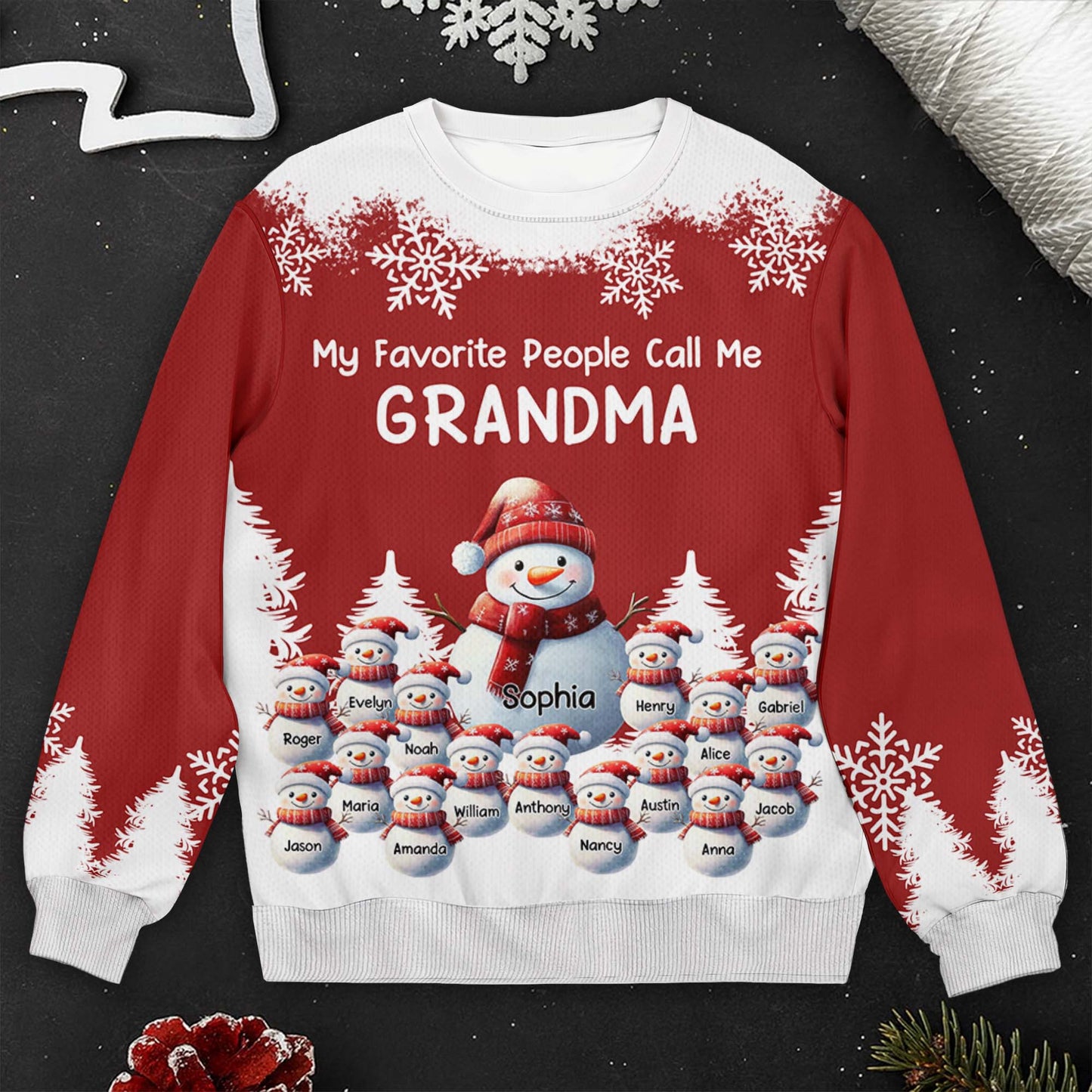 My Favorite People Call Me Grandma, Snowman and Snowflakes Design - Personalized Custom Ugly Sweatshirt, Unisex Wool Jumper  - GRM096_TWS