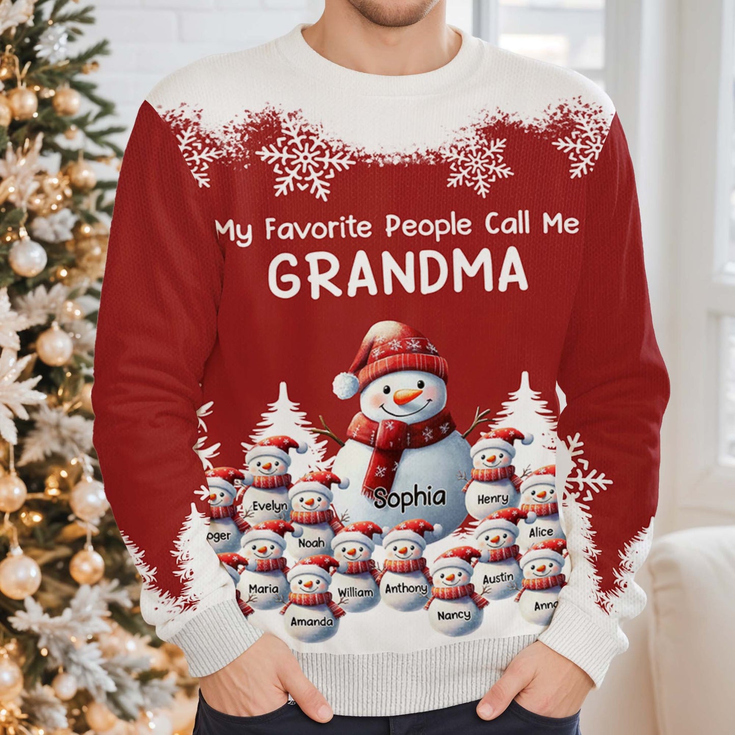My Favorite People Call Me Grandma, Snowman and Snowflakes Design - Personalized Custom Ugly Sweatshirt, Unisex Wool Jumper  - GRM096_TWS