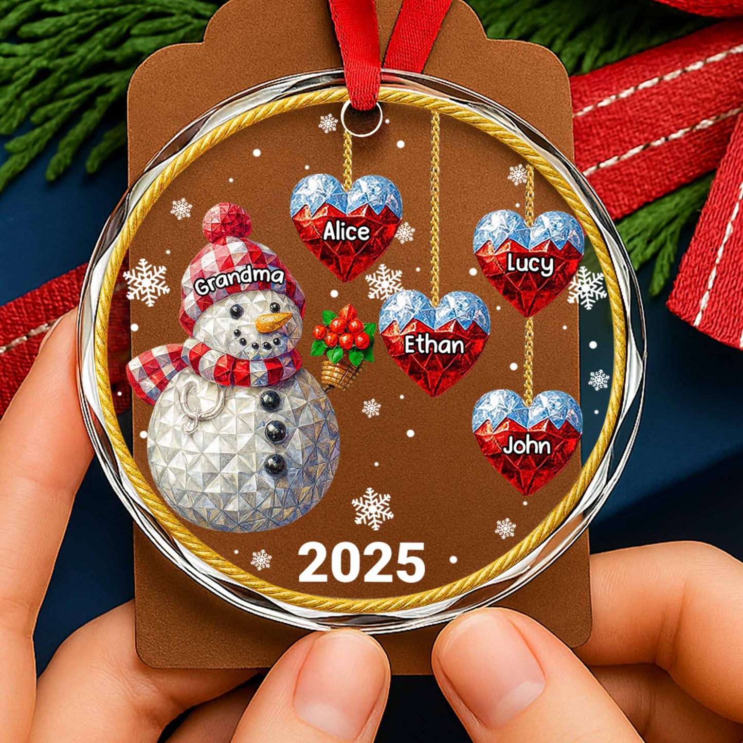 Celebrate The Warmth And Joy, Snowman And Hearts - Personalized Custom Circle Glass Ornament - GRM098_CGOR