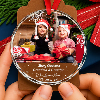 Merry Christmas Grandma & Grandpa With Snowflakes And Children - Personalized Custom Circle Glass Ornament - GRM100_CGOR
