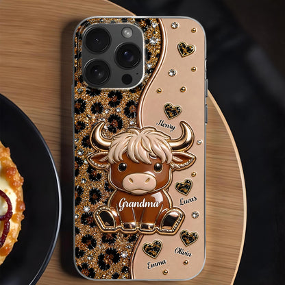 Grandma Highland Cow With Leopard Print And Hearts - Personalized Clear Phone Case - GRM138_PHC