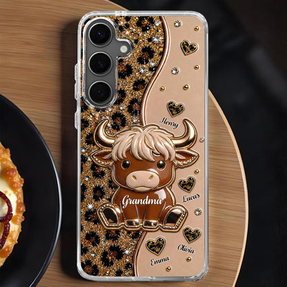 Grandma Highland Cow With Leopard Print And Hearts - Personalized Clear Phone Case - GRM138_PHC