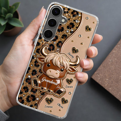 Grandma Highland Cow With Leopard Print And Hearts - Personalized Clear Phone Case - GRM138_PHC