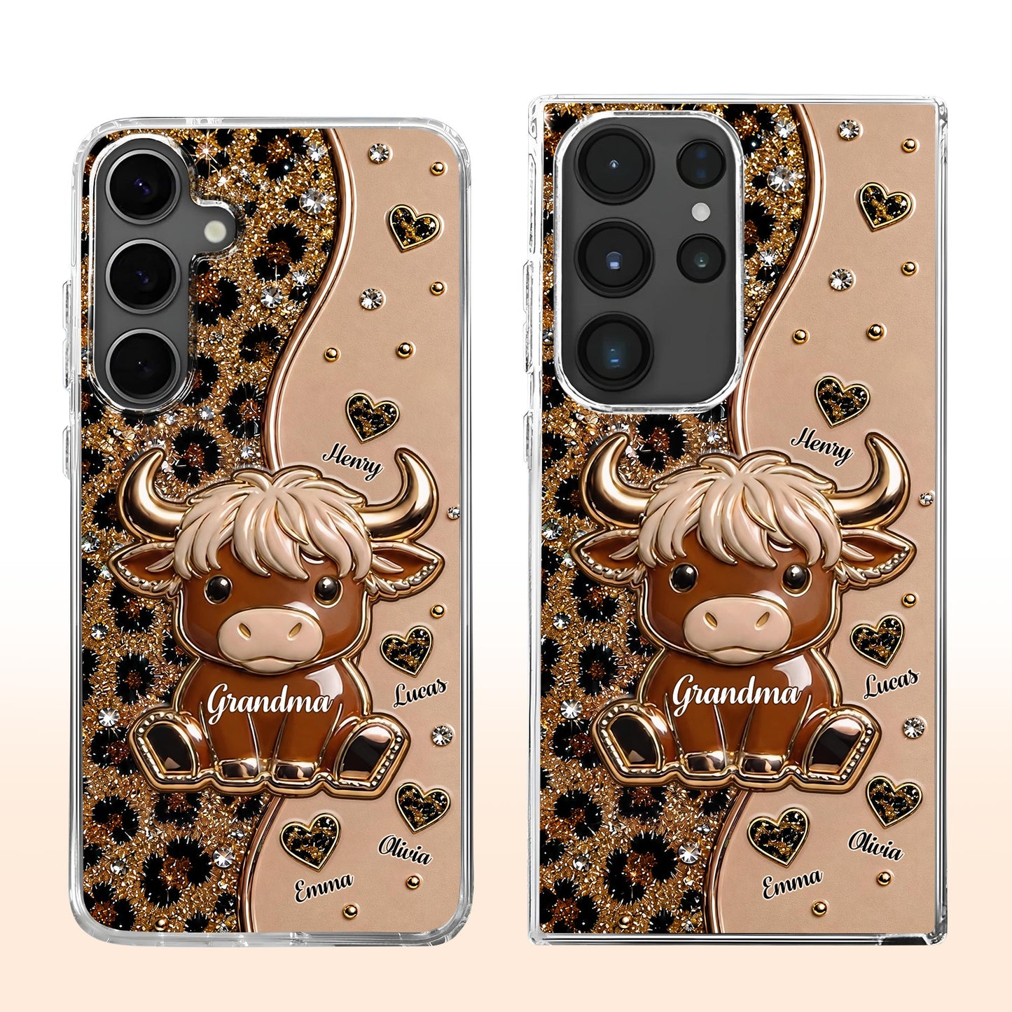 Grandma Highland Cow With Leopard Print And Hearts - Personalized Clear Phone Case - GRM138_PHC