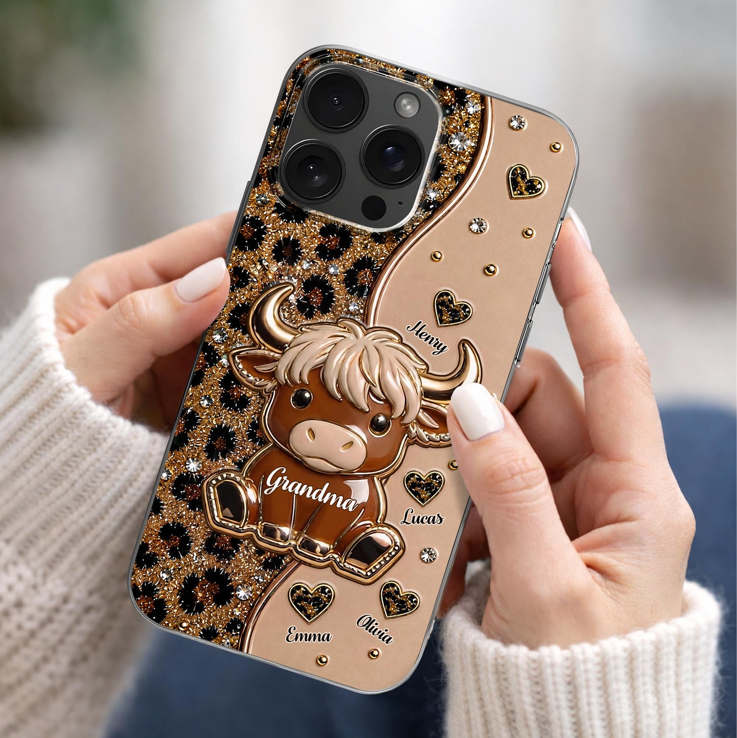 Grandma Highland Cow With Leopard Print And Hearts - Personalized Clear Phone Case - GRM138_PHC