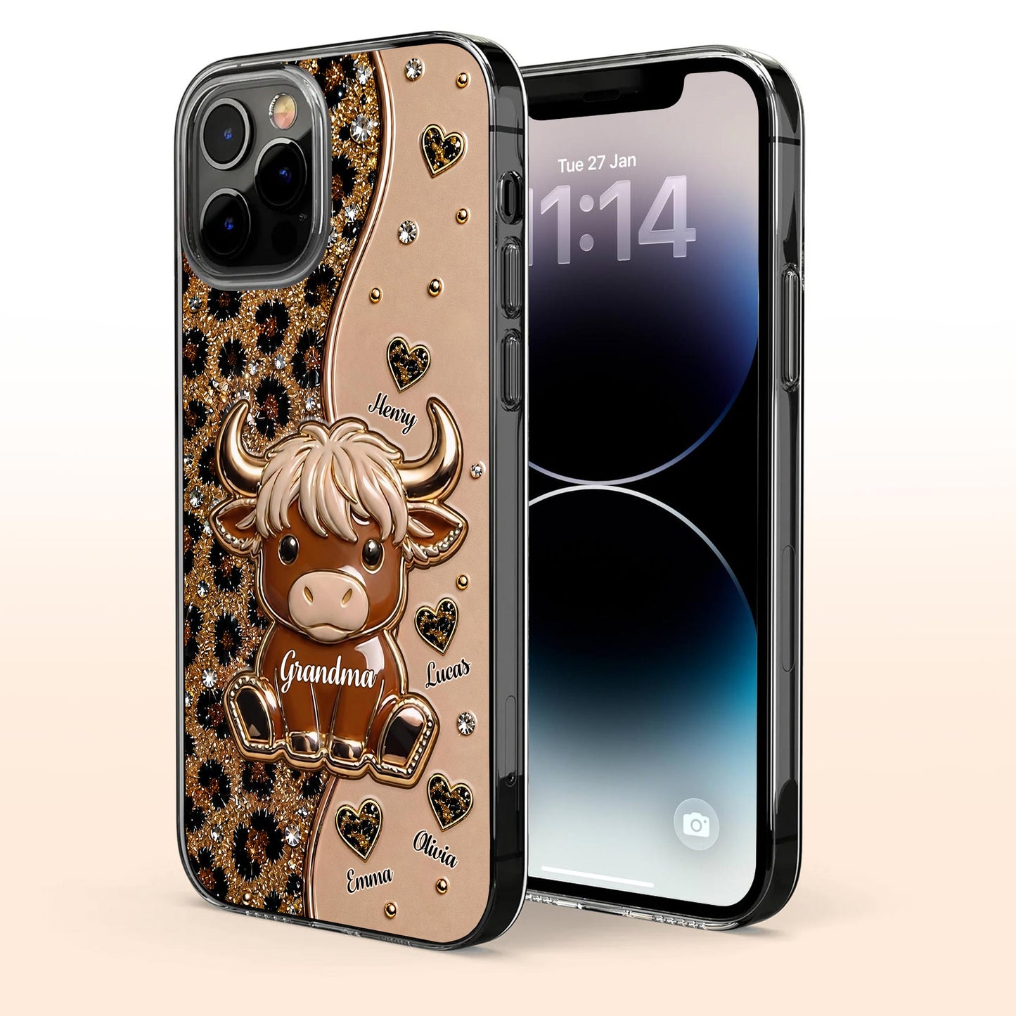 Grandma Highland Cow With Leopard Print And Hearts - Personalized Clear Phone Case - GRM138_PHC