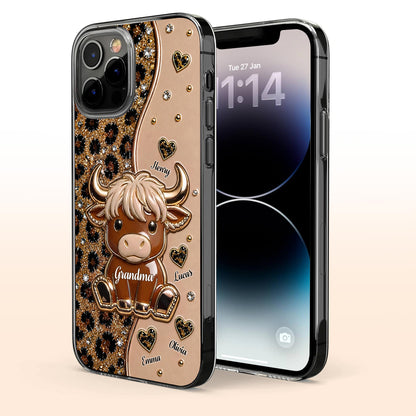 Grandma Highland Cow With Leopard Print And Hearts - Personalized Clear Phone Case - GRM138_PHC
