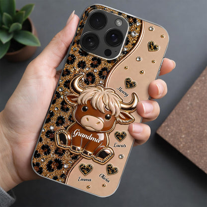 Grandma Highland Cow With Leopard Print And Hearts - Personalized Clear Phone Case - GRM138_PHC