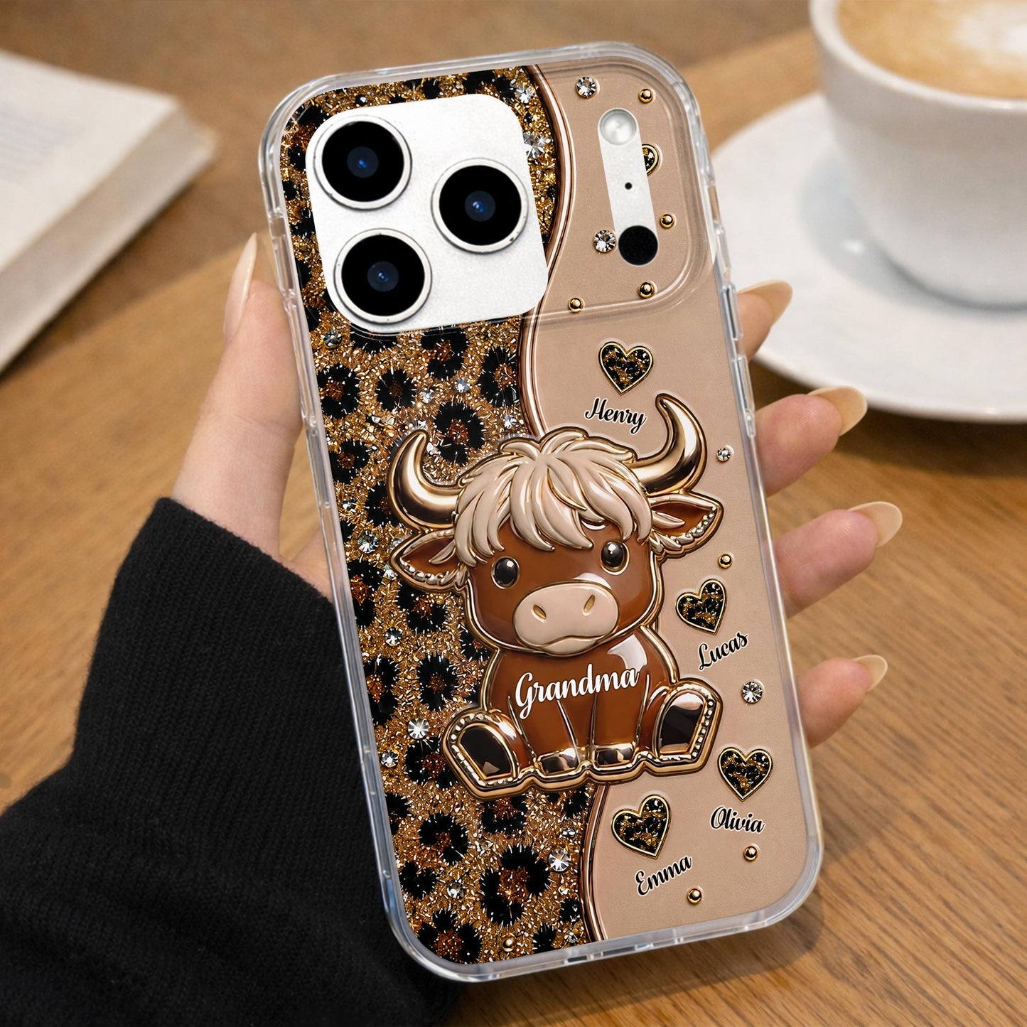 Grandma Highland Cow With Leopard Print And Hearts - Personalized Clear Phone Case - GRM138_PHC