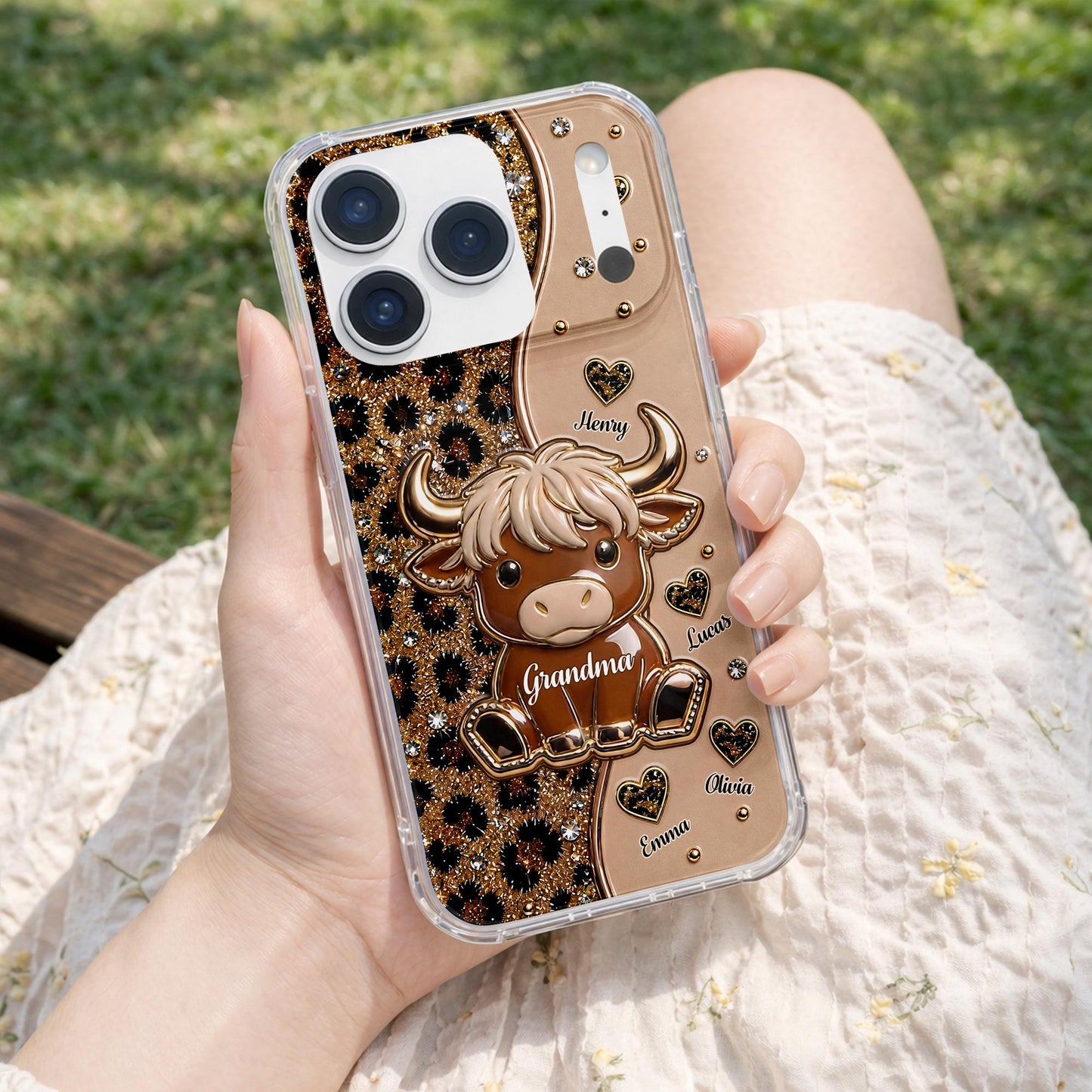 Grandma Highland Cow With Leopard Print And Hearts - Personalized Clear Phone Case - GRM138_PHC