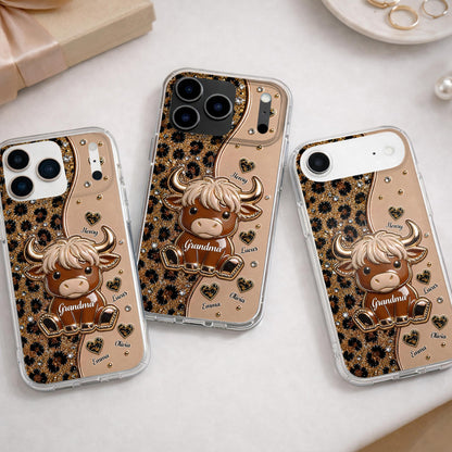 Grandma Highland Cow With Leopard Print And Hearts - Personalized Clear Phone Case - GRM138_PHC