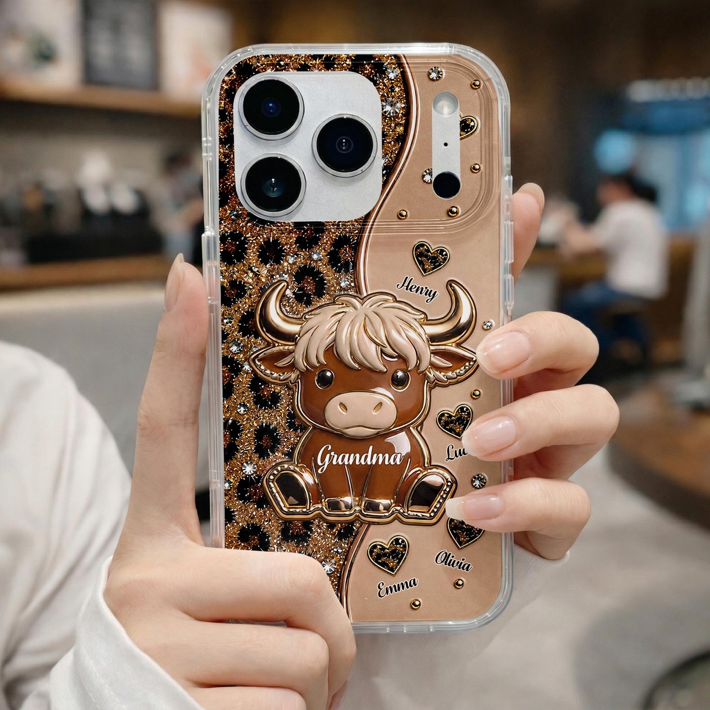 Grandma Highland Cow With Leopard Print And Hearts - Personalized Clear Phone Case - GRM138_PHC