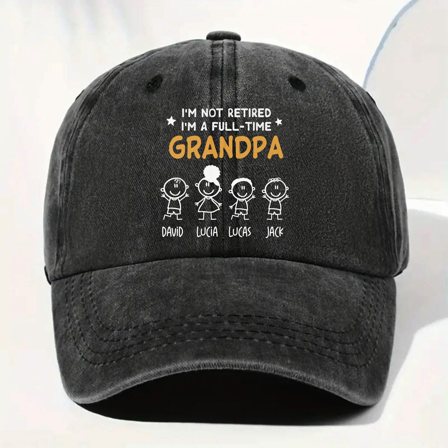 I'm Not Retired I'm A Full-Time Grandpa, Stick Figures - Personalized Custom Washed Denim Cap - GRP049_WDCAP