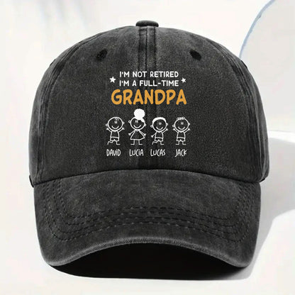 I'm Not Retired I'm A Full-Time Grandpa, Stick Figures - Personalized Custom Washed Denim Cap - GRP049_WDCAP