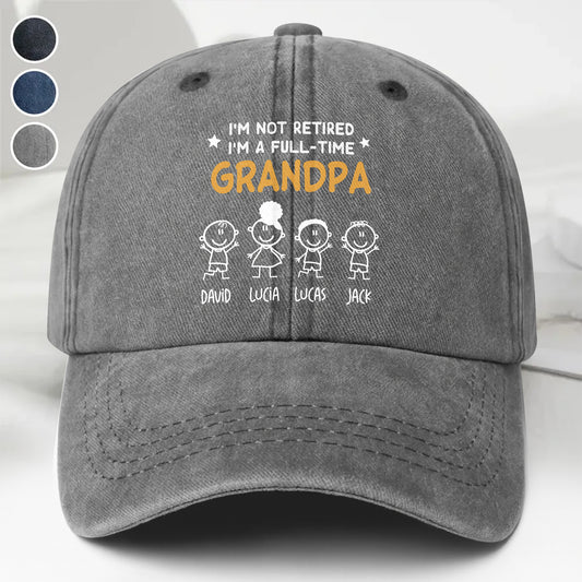 I'm Not Retired I'm A Full-Time Grandpa, Stick Figures - Personalized Custom Washed Denim Cap - GRP049_WDCAP